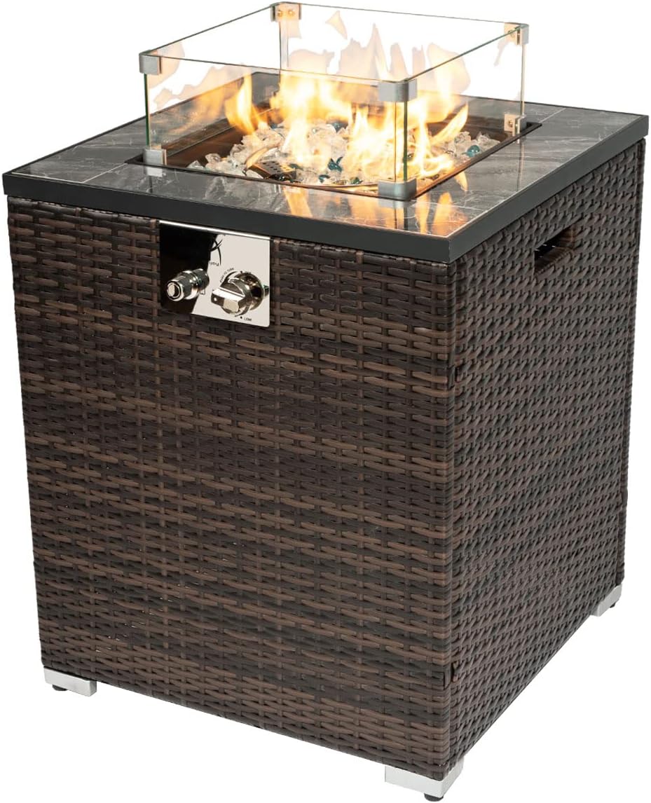 40,000 BTU Outdoor Propane Fire Pit Table with Auto-Ignition - Tempered Glass Wind Guard, Marble Tile Surface, Mixed-Color Fire Glass Rocks & Weather-Resistant Brown PE Rattan