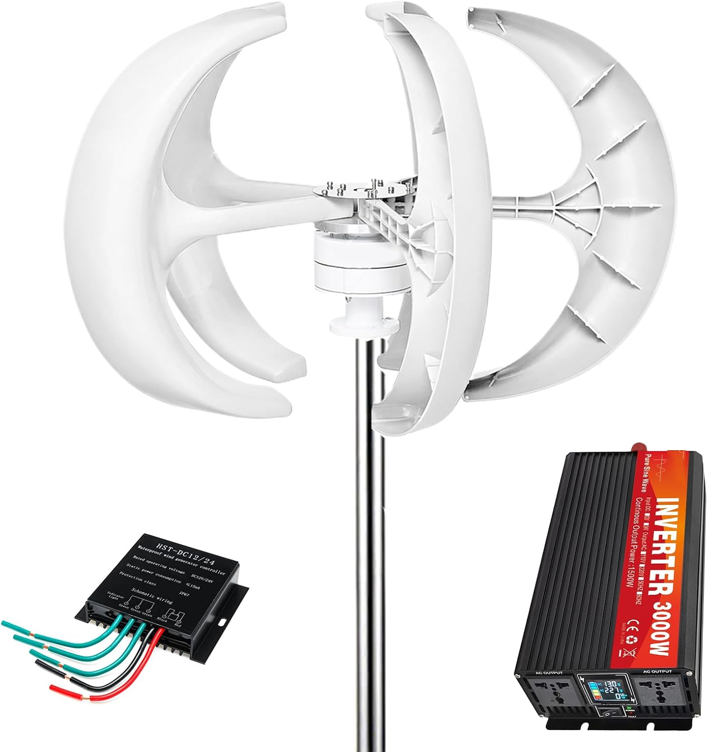 Vertical Wind Turbine Generator 12V-220V Low Noise Wind Speed Start with Controller Inverter, for Marine Boat Wind Solar Hybrid Streetlight (24V-3000W)