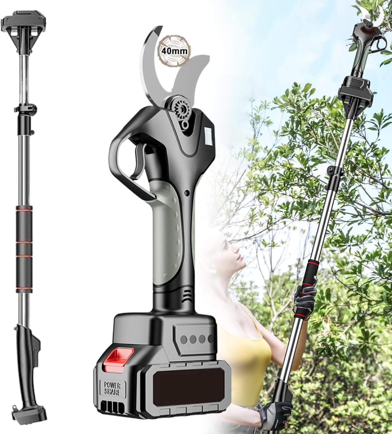 Electric Pruning Shears - Professional 40mm Electric Pruning Shears with 2 21V/4500mAh Batteries - Cordless Pruning Shears for Gardening Vines Fruit Tree,2batteries