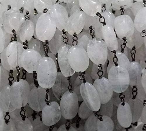 5 feet natural white rainbow moonstone smooth oval beaded chain - oxidized wire wrapped chain - oval beaded chain beads size 6x8mm