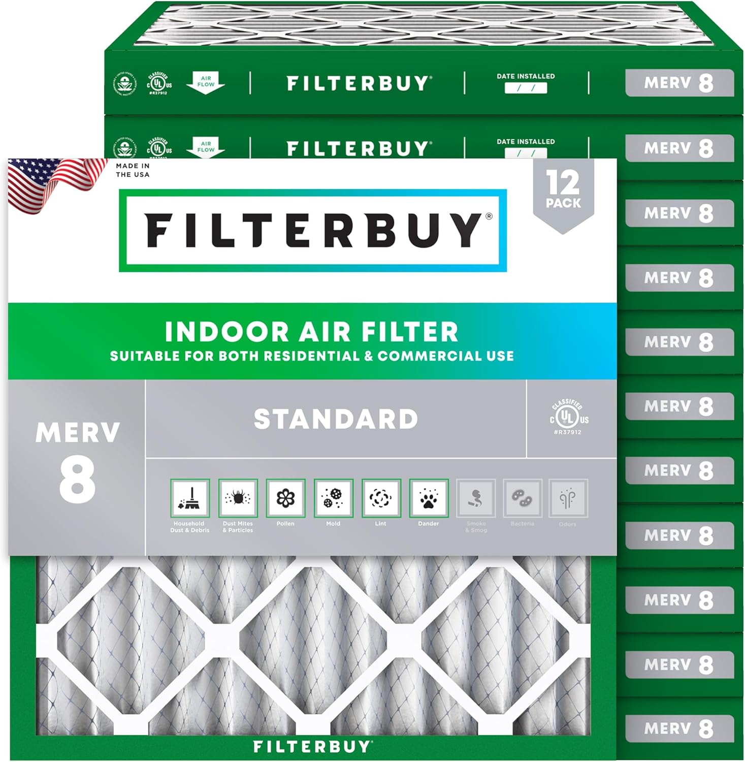 Filterbuy 30x30x2 Air Filter MERV 8 Essential Dust & Allergy Defense (12-Pack), Electrostatic Pleated HVAC AC Furnace Filters Replacement, Made in USA (Actual Size: 29.50 x 29.50 x 1.75)