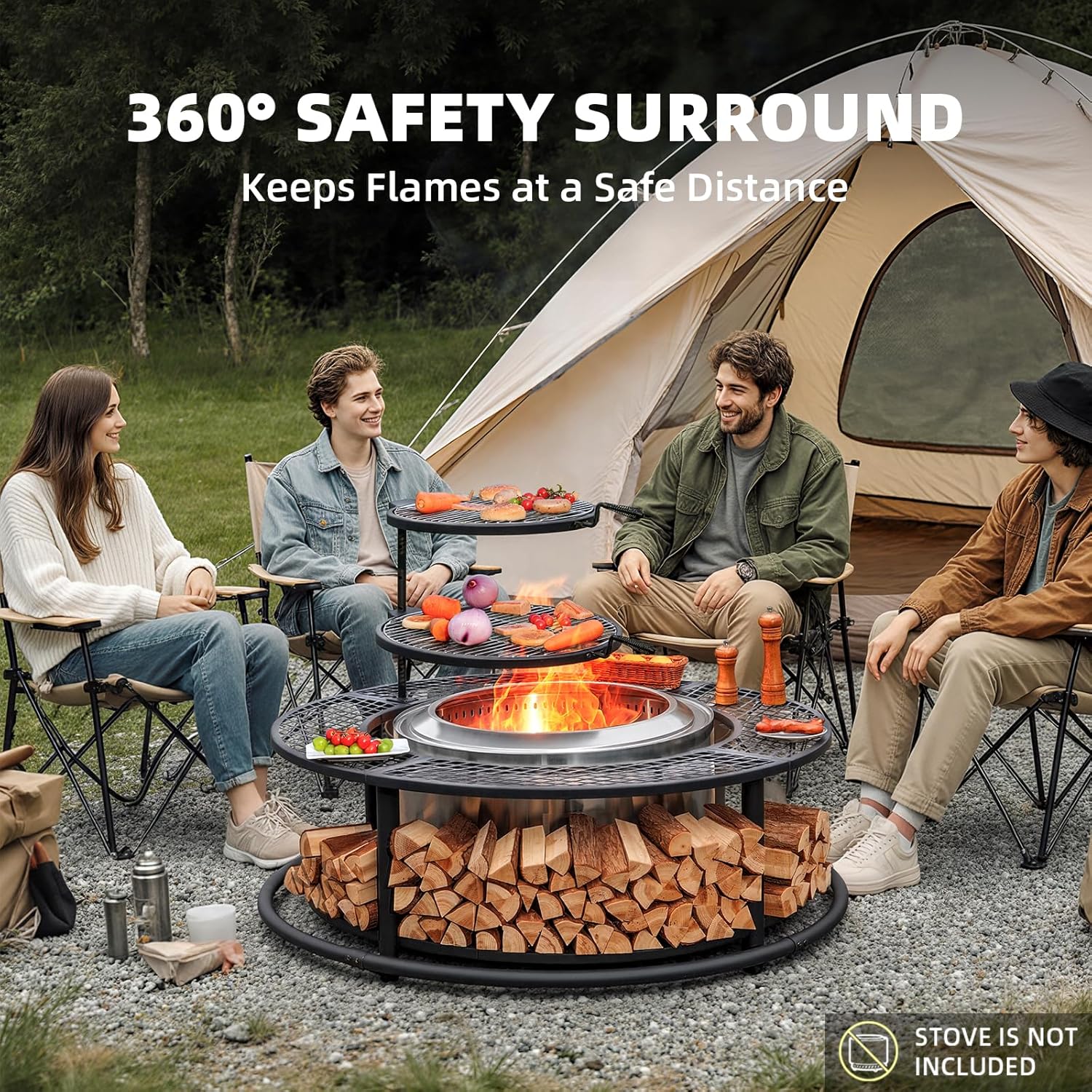 50 Inch Fire Pit Surround Tabletop for Smokeless Fire Pit, Outdoor Surround Table with 2 Grill Grates and Firewood Storage Shelf, Protective Barrier for Safety & Extra Space (Stove not Included)