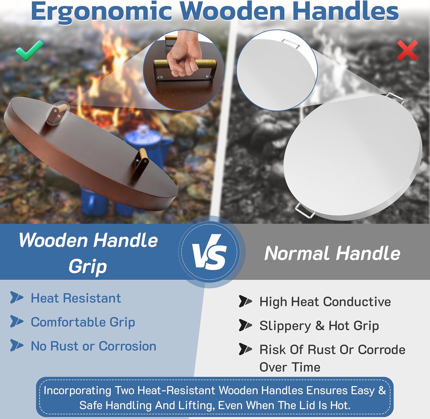 25.5” firepit lid round for inside up to 23” gas fire pit lid for Outdoor Fireplace Cover Lid Steel fire pit metal cover W/ Wooden Handle & Bronze Coated Snuffer Lid for Round Patio Fire Pit Ring