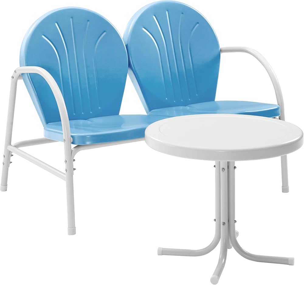 Crosley Furniture Griffith 2-Piece Retro Metal Outdoor Side Table and Loveseat Patio Furniture Set for Porch, Sky Blue