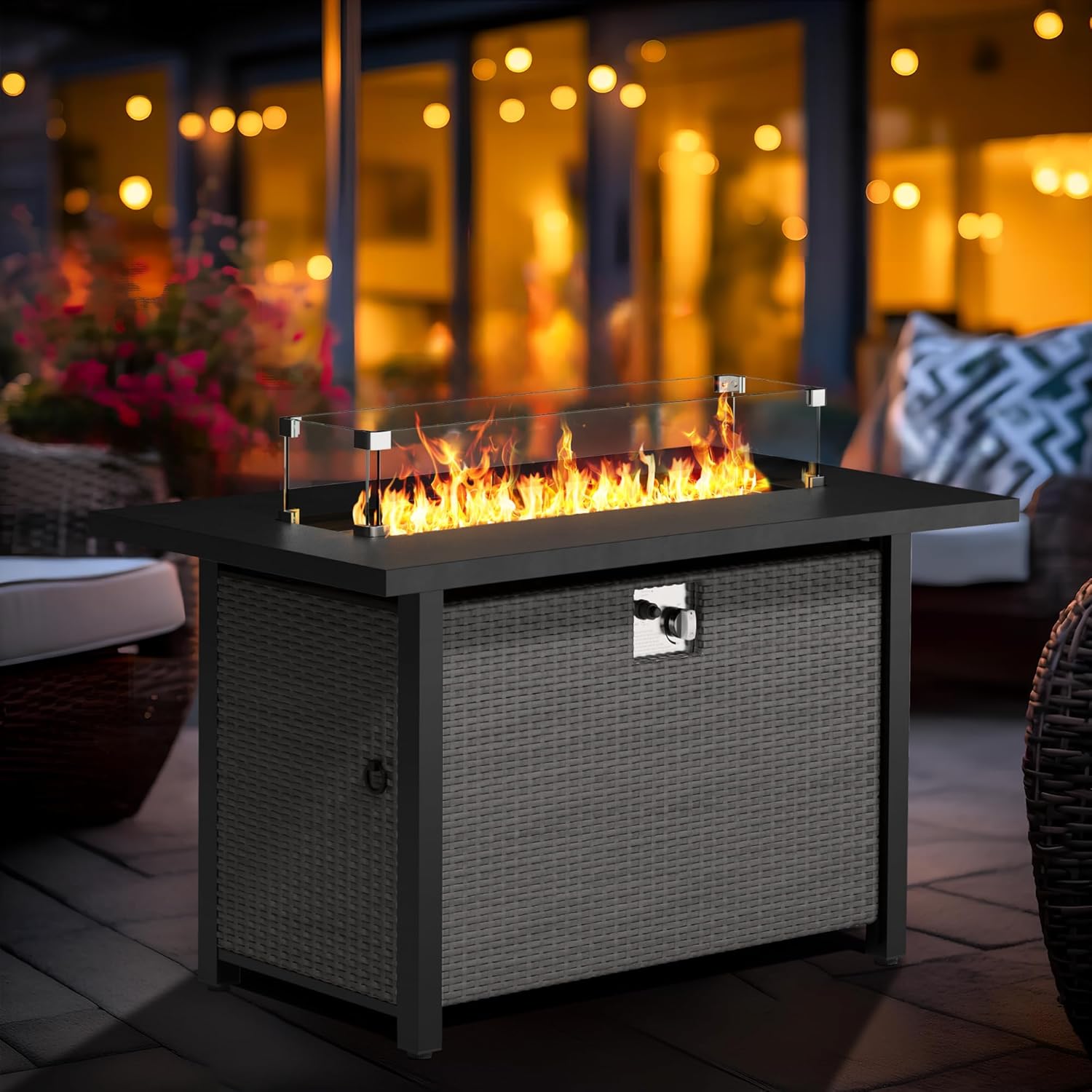 45 Inch Propane Fire Pit Table, 50,000 BTU Outdoor Rectangular Wicker Gas Fire Table with Firepit Lid, Steel Tabletop, Glass Wind Guard, Blue Glass Stone and Waterproof Cover, Grey