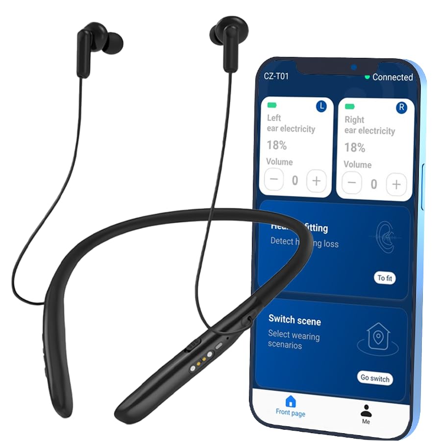 CZ-T01 Neckband Hearing Amplifier & Aids with free APP and Bluetooth 50dB Gain for Moderate-Severe Hearing Loss, 34-Channel Noise Cancelling, 30H Rechargeable,preventing loss, keeping devices safe