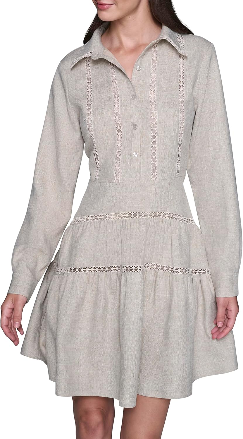 Karl Lagerfeld Women's Long Sleeve Collared Faux Linen Lace Trim Tiered Dress