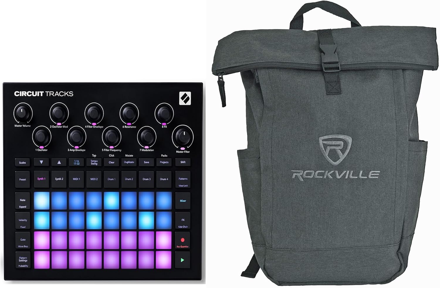 Audiosavings Bundle: (1) Novation Circuit Tracks MIDI USB Rechargeable Groovebox w/Synths/Drums/Sequencer Bundle with (1) Rockville RPAK Charcoal Stylish Durable Backpack Bag (2 Items)