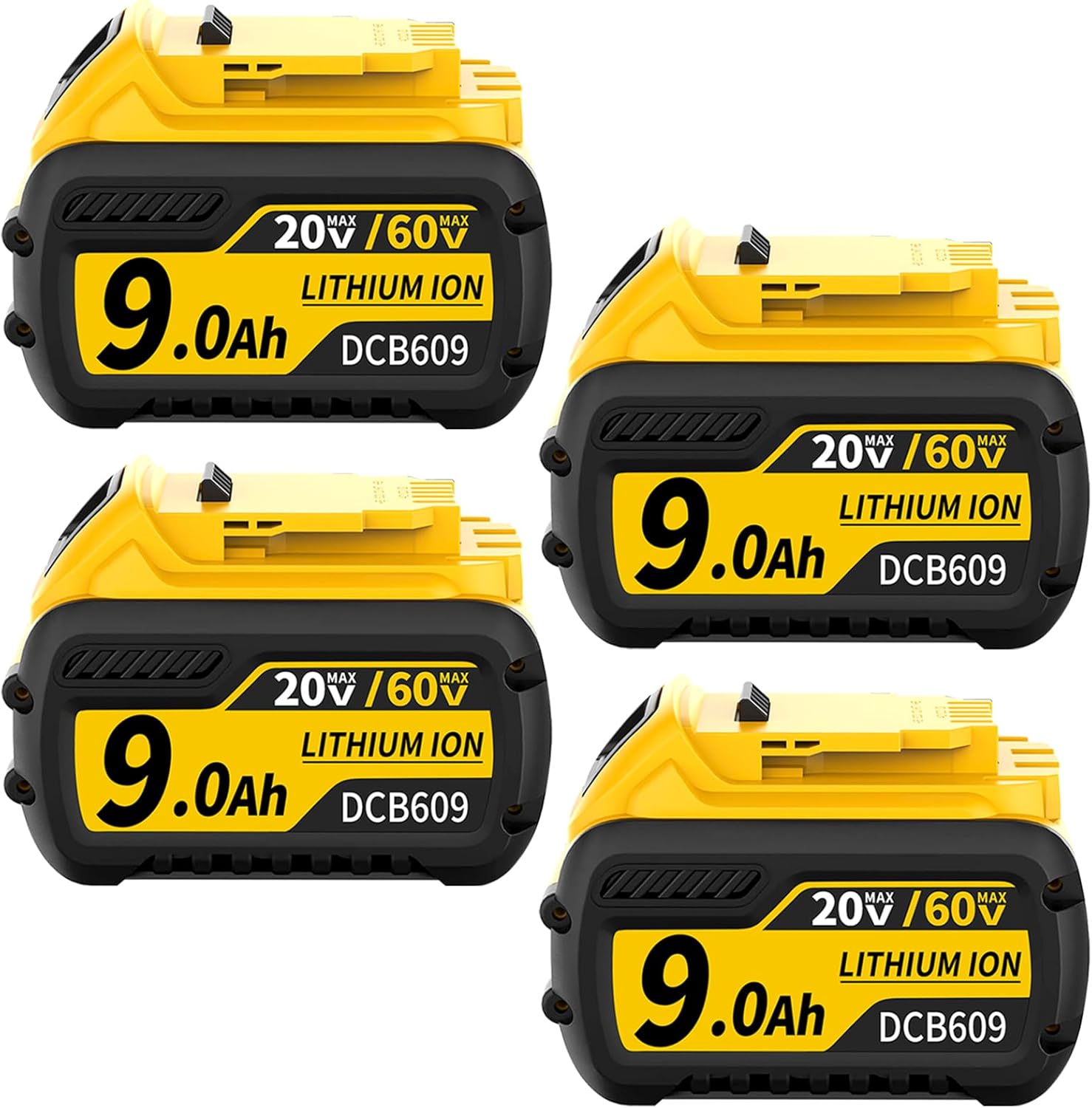 4PACKS 20V/60V Replacement for Dewalt Battery Fits with Dewalt 60v Battery Compatible with dewalt 20v max Battery MAX 9.0Ah DCB606 DCB609 DCB612 Cordless Tools，Overcharge Protection