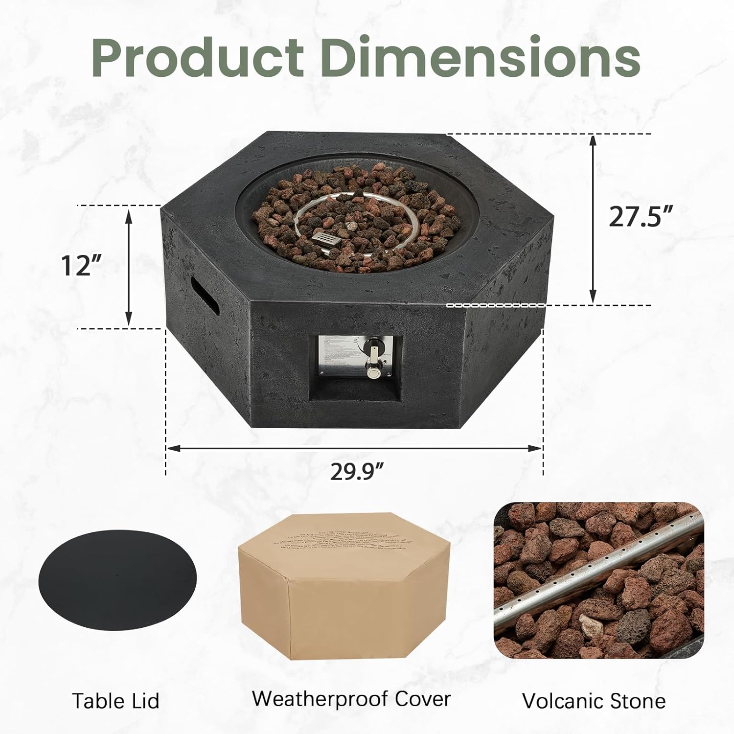 ECOTOUGE Hexagon Gas Fire Pit, Outdoor Propane Firepit Table Set w/Side Handles,50,000 BTU Concrete fire Pit, 30''Auto-Ignition Steel Fire Table w/Weather-Resistant Pit Cover, Lava Rocks, Black