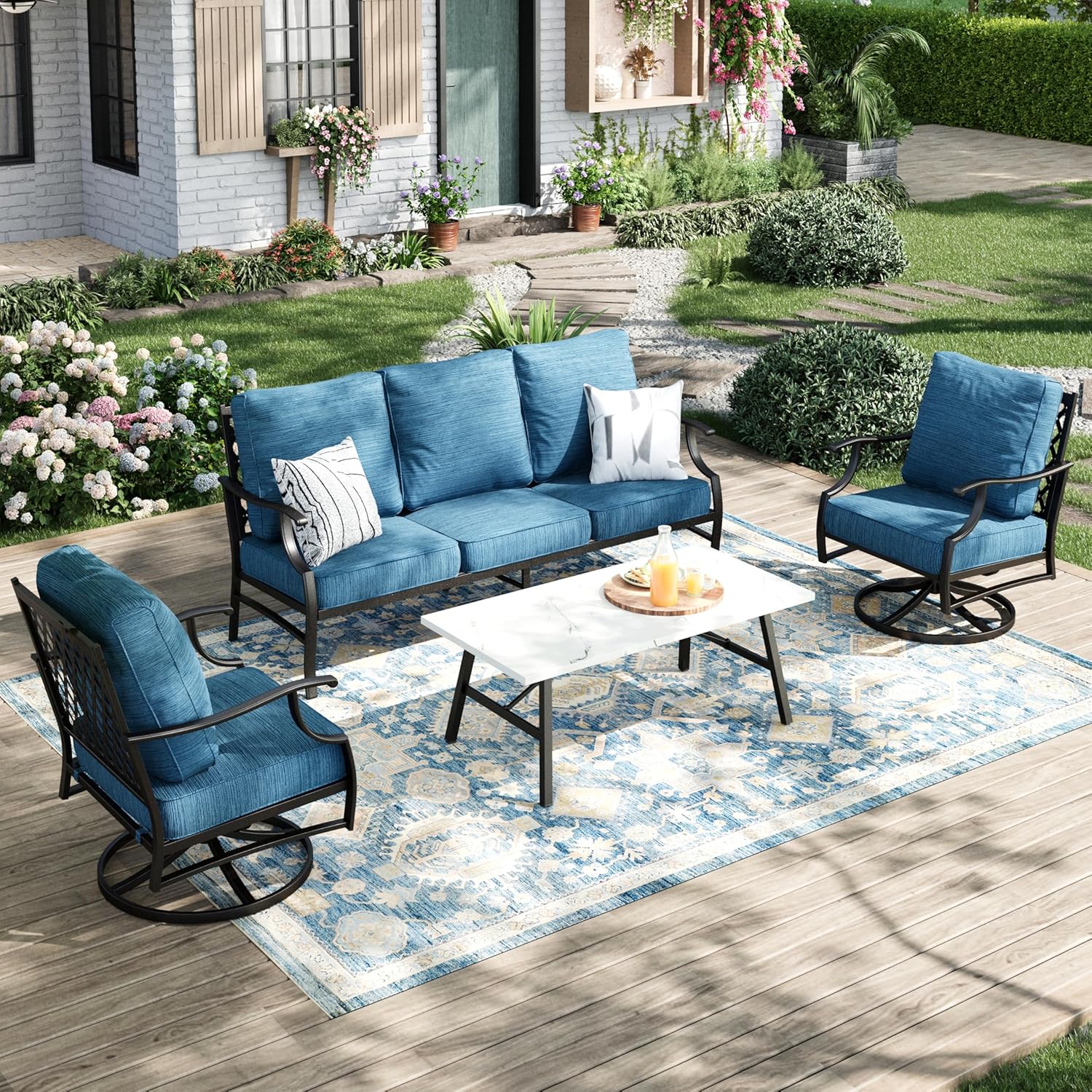 Patio Furniture Set 4 pcs, Metal Outdoor Patio Furniture, 3-Seat Sofa, 2 Swivel Chairs, Coffee Table and 5.75