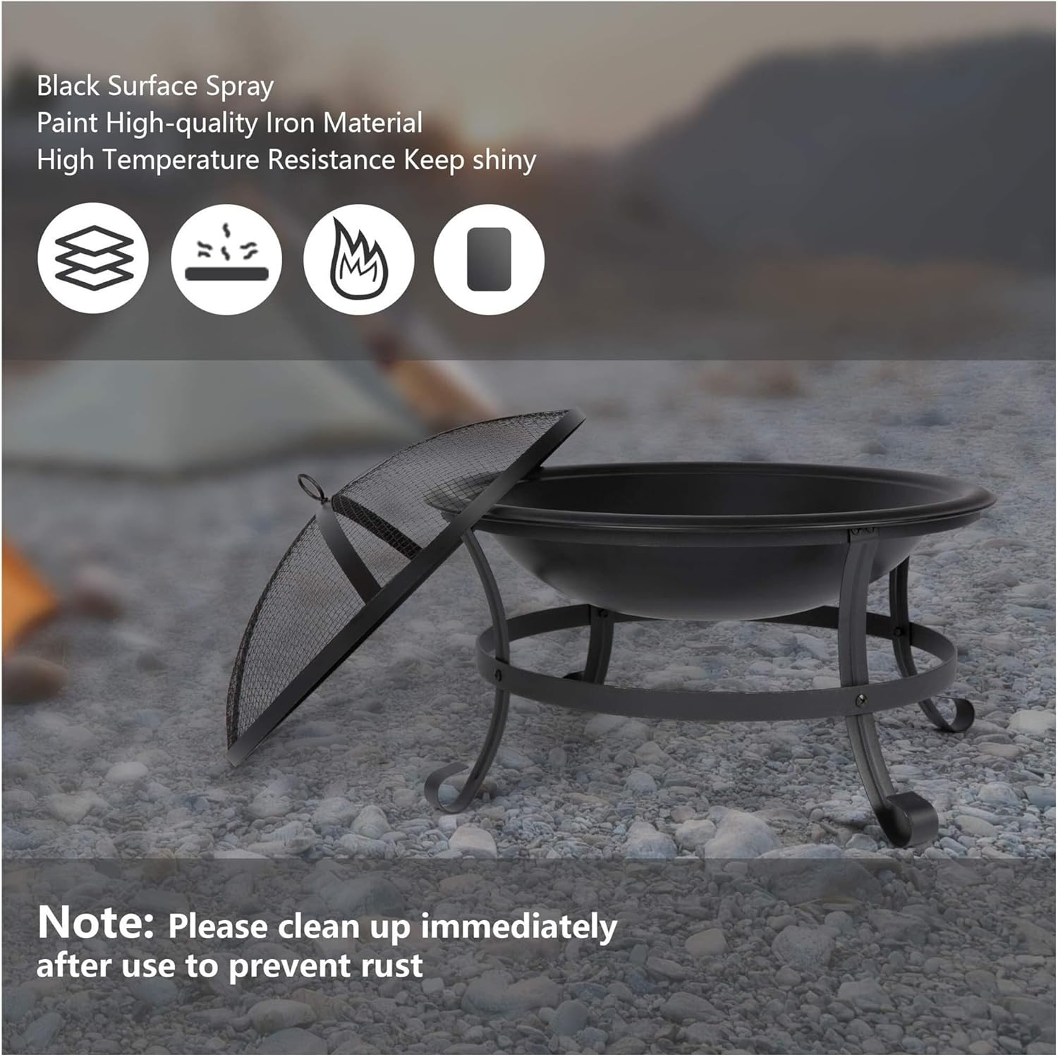 22 Inch Portable Folding Steel Fire Pit Bowl with Spark Screen Cover Log Grate and Poker for Wood Burning Outdoor Use in Backyard Camping Picnic Garden