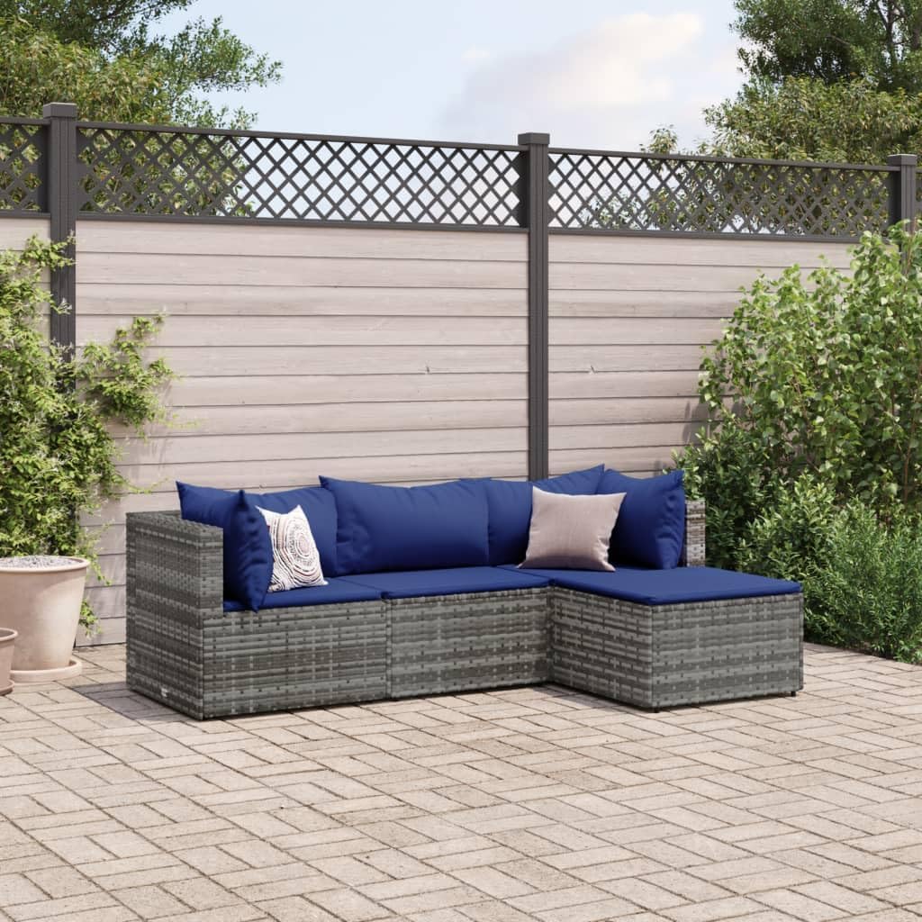 4 Piece Patio Lounge Set with Cushions Gray Poly Rattan,Rattan Outdoor Lounge Set: Comfortable and Versatile Seating for Patio, Yard, or Balcony Patio Furniture, Outdoor Furniture Sets