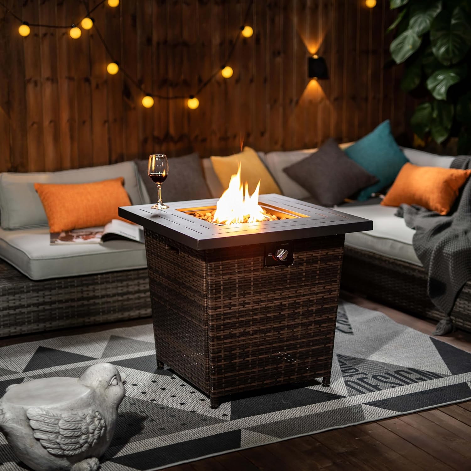 28inch Wicker Square Fire Pit Table Outdoor Brown Steel