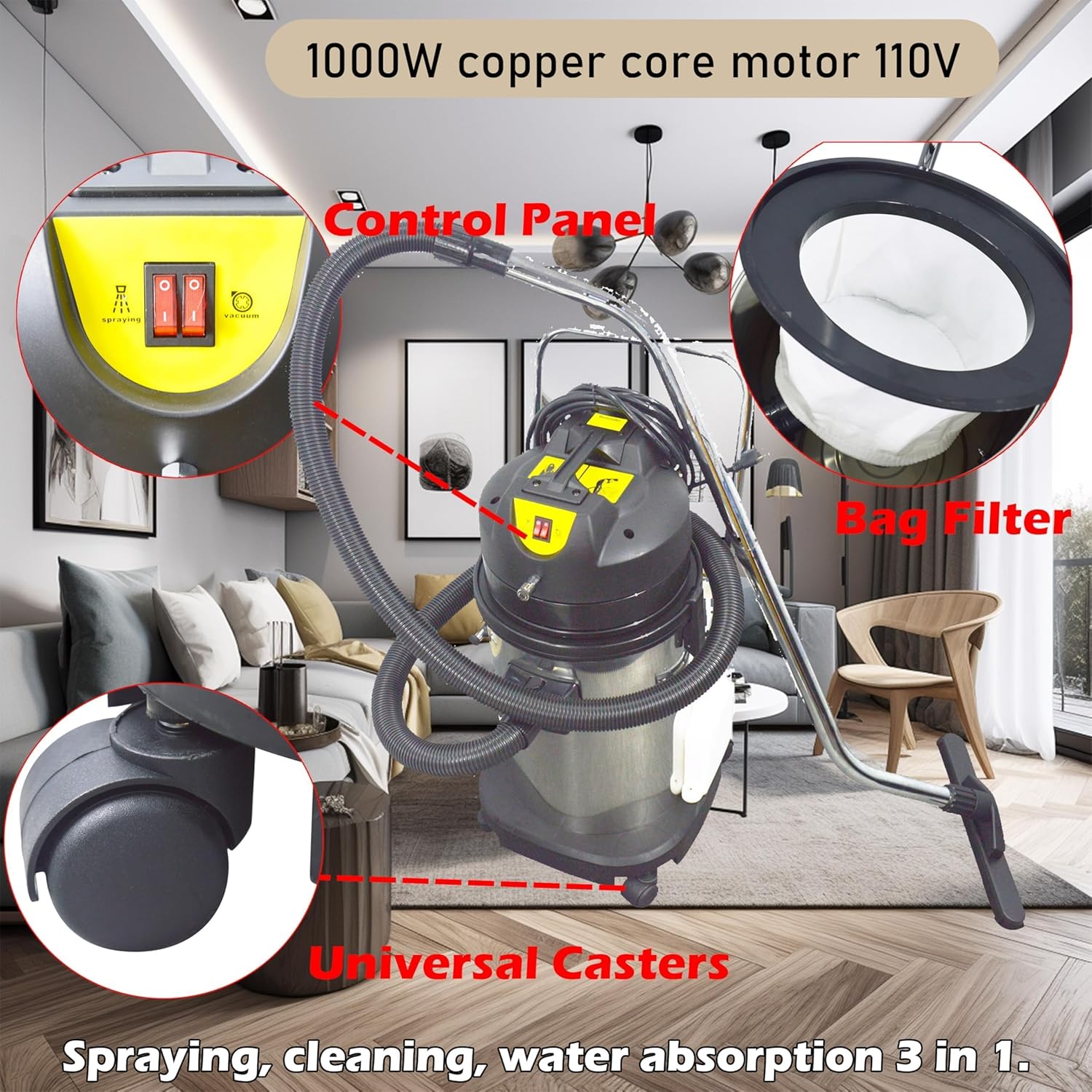 110V Carpet Extractor Machine 3 in 1 Wet Dry Vacuum Cleaner 30L Portable Carpet Cleaning Machine for Home Commercial Use 1000W