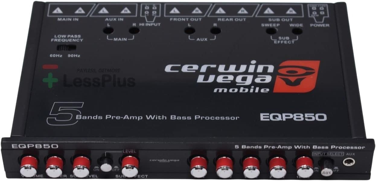 Cerwin Vega 5-Band Pre-Amp Equalizer with Built-in Bass Processor - Ultimate Car Audio System Accessory, High-Level Input, Subwoofer Level Control, Selectable Low Pass Filter, Auxiliary Input EQP850