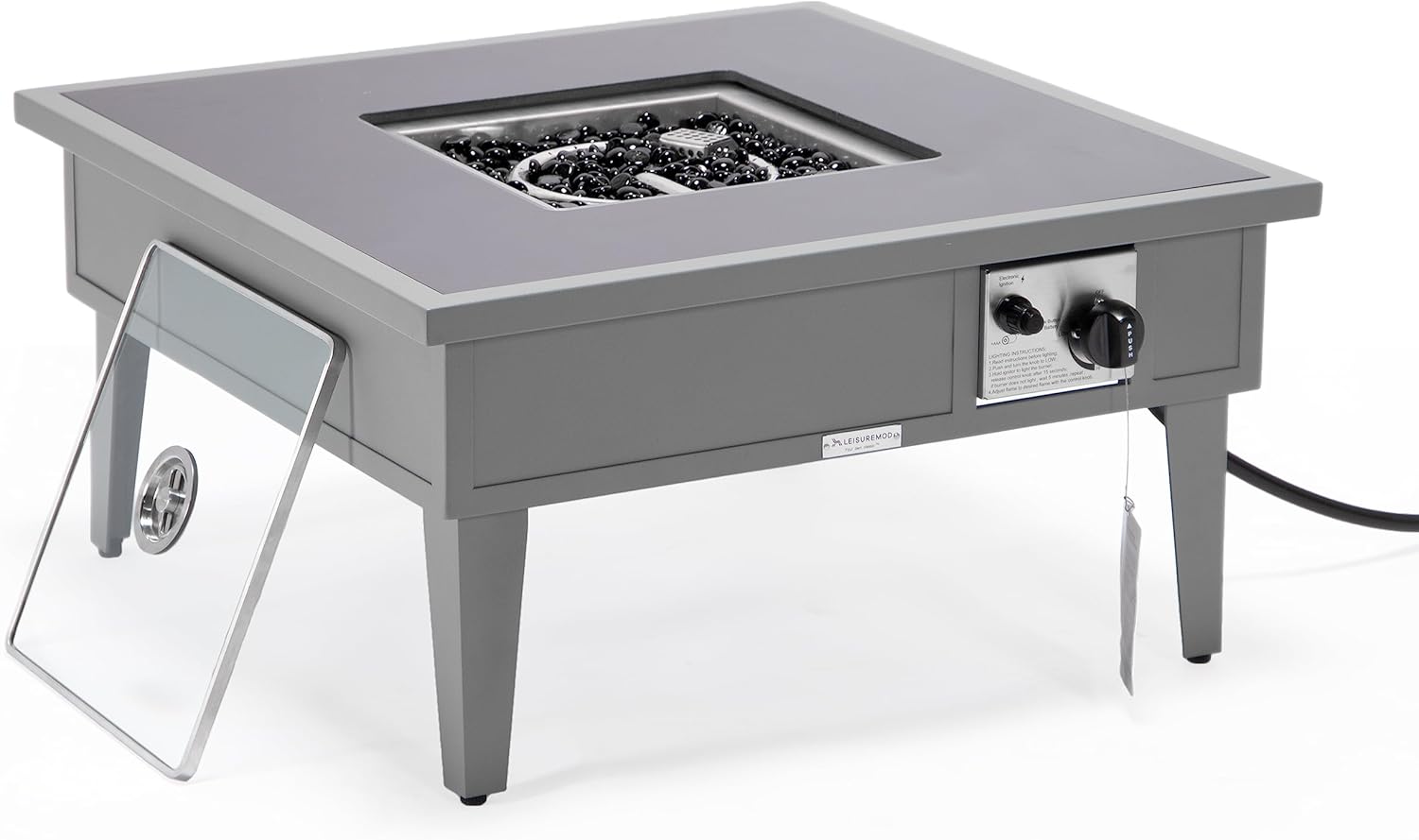 LeisureMod Walbrooke Modern Outdoor Square Fire Pit Table with Powder-Coated Aluminum Frame for Patio and Backyard Garden, Grey