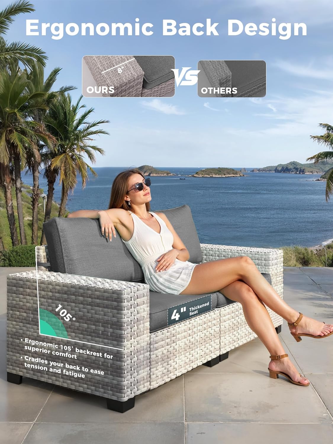 7 Piece Outdoor Wicker Rattan Sectional Sofa Set with Fire Pit Table, 5-Seats Conversation Set with 4