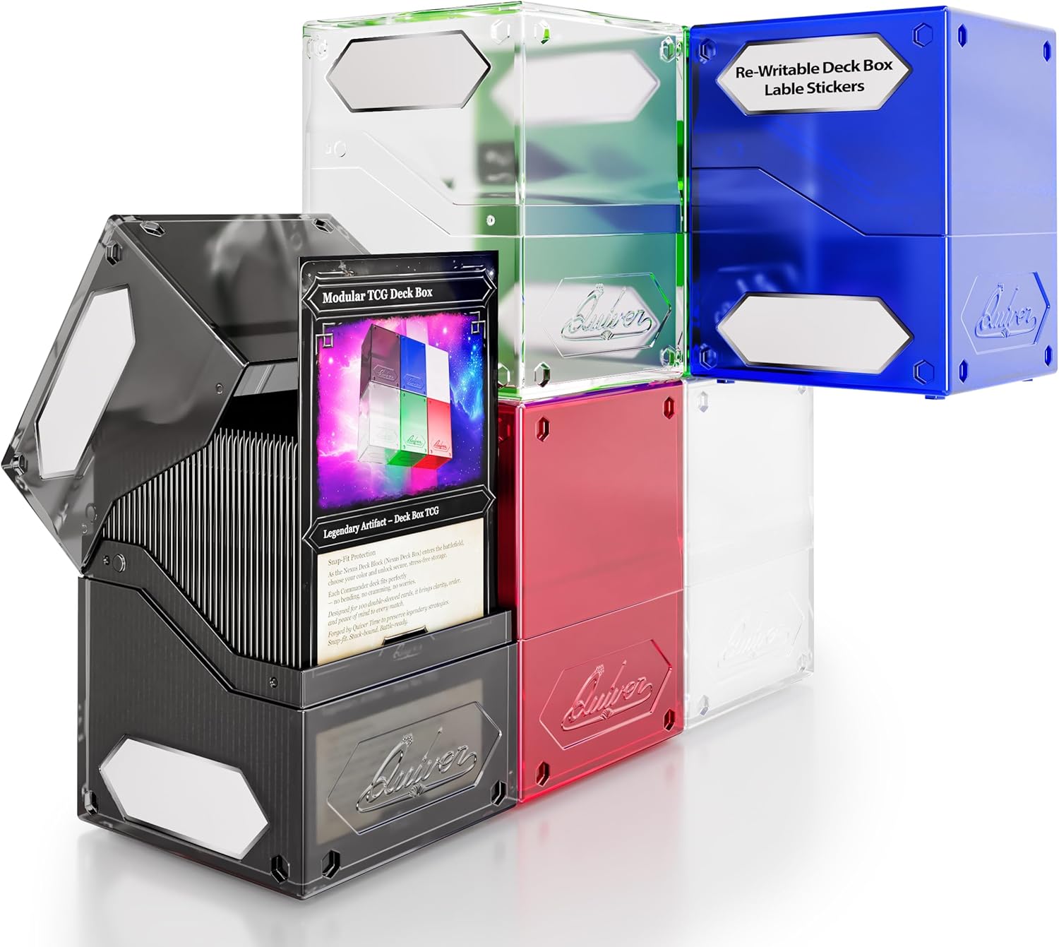 Quiver Time 360° Modular Nexus DeckBlock - Durable Stackable MTG Deck Box for Commander fits 100+ Cards | Stylish 100 Card Deck Box MTG | Interchangeable TCG Decks Boxes (6 pcs, WUBRG + Clear)