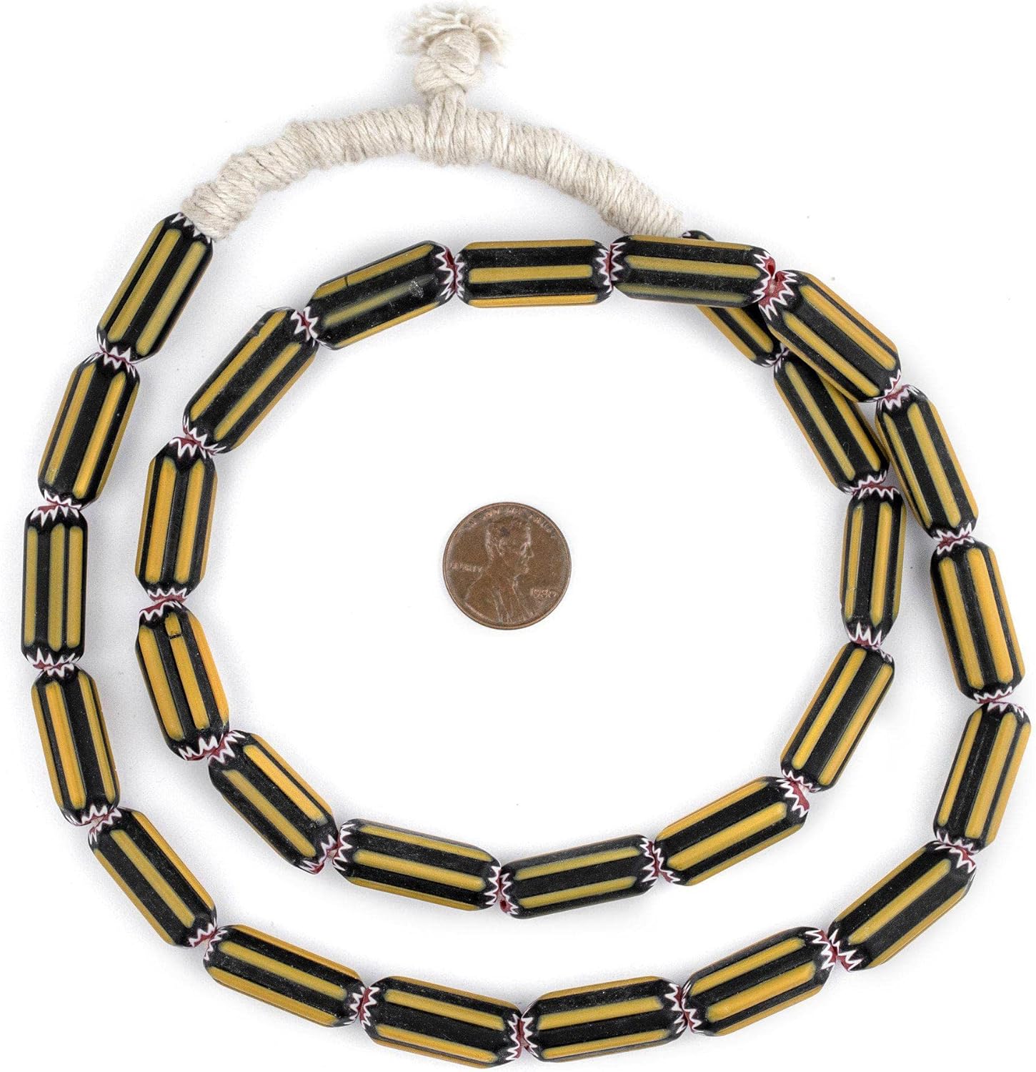 The Bead Chest Yellow Jacket Chevron Beads 10mm Nigeria African Cylinder Glass Large Hole 28 Inch Strand Handmade