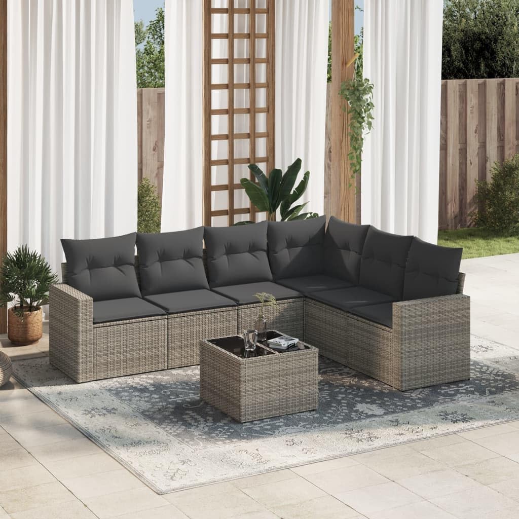 Garden Sofa Set Grey PE Rattan, Powder-Coated Steel Frame, Tempered Glass Tabletop, 6 Seater Outdoor Patio Furniture for Balcony, Terrace