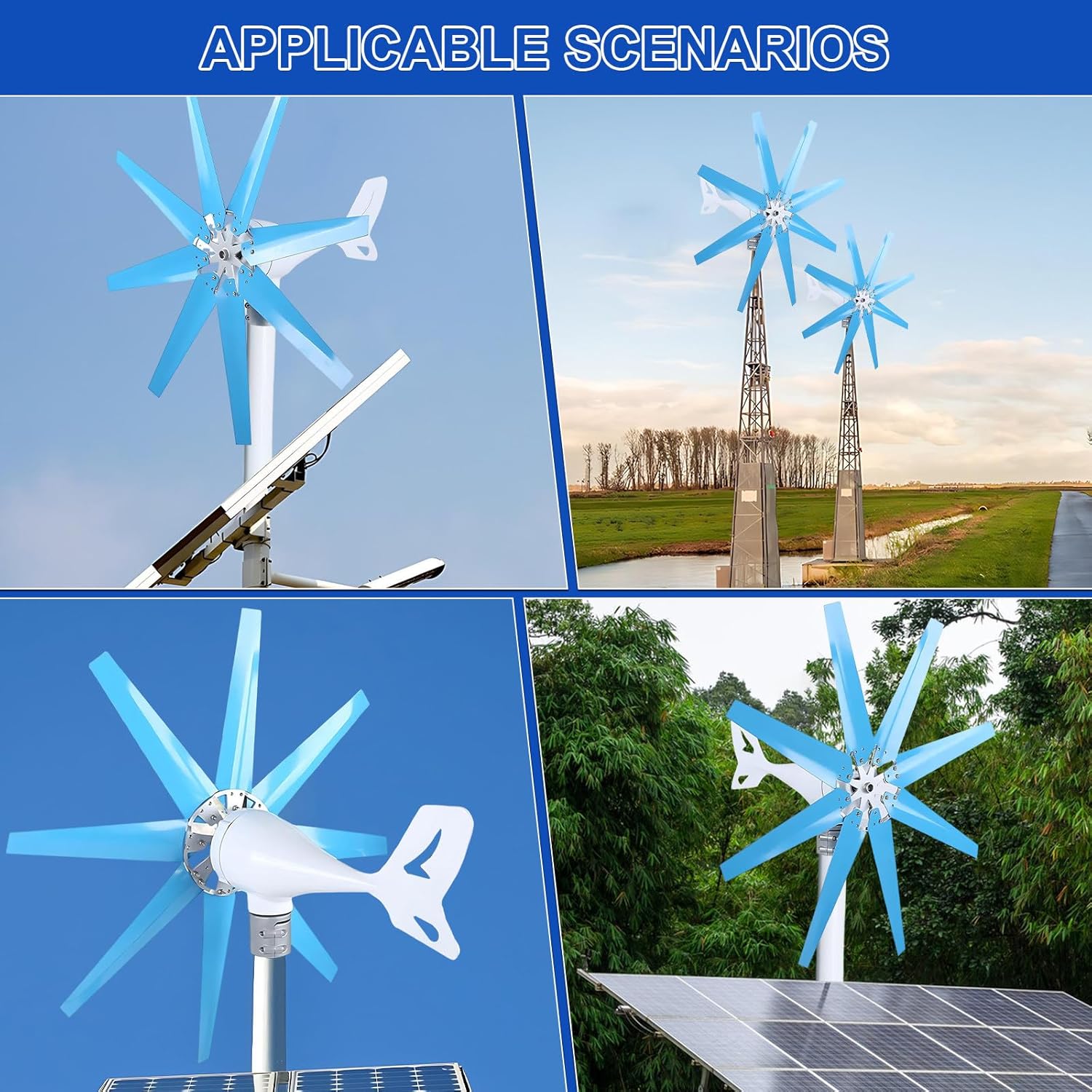 Magnetic Levitation Wind Turbine Generator 100/200/300/400W, 8-Blade Kit with Controller, for Home, Farm, RV, Off-Grid Power Supplementation Blue-400W