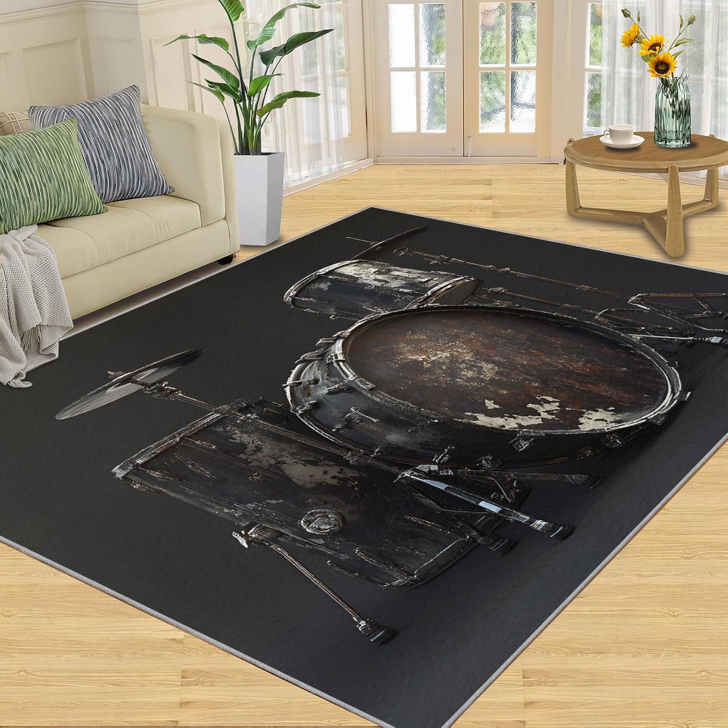 7 x 9 Area Rug, Musical Instruments Rugs for Bedroom, Drum Set Rugs for Living Room, Music Lover Machine Washable Carpet for Front Entrance Floor Decor