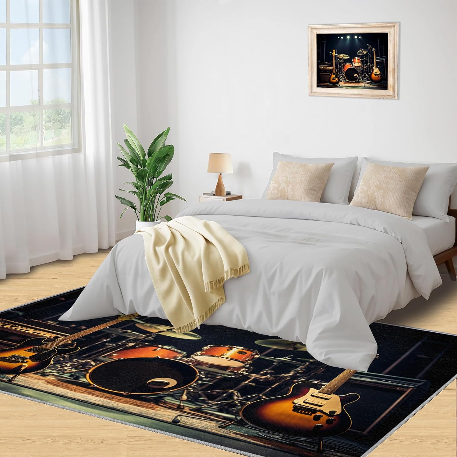 Large Area Rug 7x10 Rock Stage Rug, Instruments Rugs for Living Room, Guitar and Drum Beats Rug, Machine Washable Breathable Carpet for Bedroom Floor Decor Study Dining Room