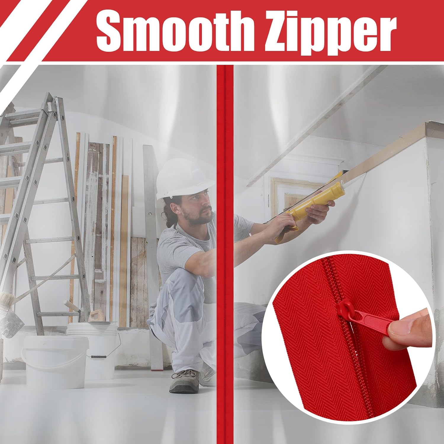 Tigeen 48 Roll Heavy Duty Zipper Door for Dust Barriers 7 ft x 3 Inch Self Adhesive Construction Zipper Door for Greenhouse Tent Accessories (Red)