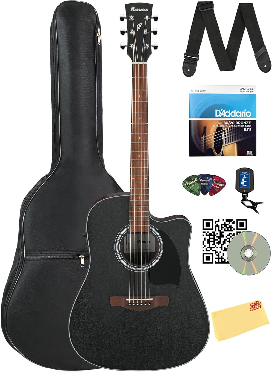 Ibanez PF54CE PF Performance Dreadnought Acoustic-Electric Guitar - Weathered Black Bundle with Gig Bag, Tuner, Strap, D'Addario Strings, Picks, Austin Bazaar Instructional DVD, and Polishing Cloth