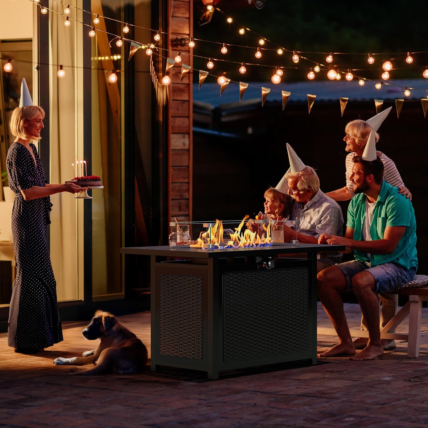 43” Outdoor Propane Fire Table Set with Heavy-Duty Glass Stones, Glass Wind Guard, Lid & Water-Resistant Cover, 50,000 BTU Metal Fire Pit Table, Rectangle Fire Pit Table for Patio, Deck