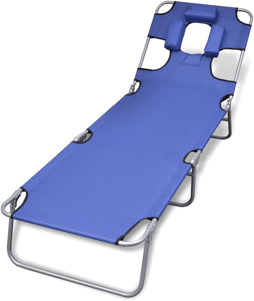Folding Sun Lounger with Head Cushion Powder-Coated Steel Blue, Patio Lounge Chairs