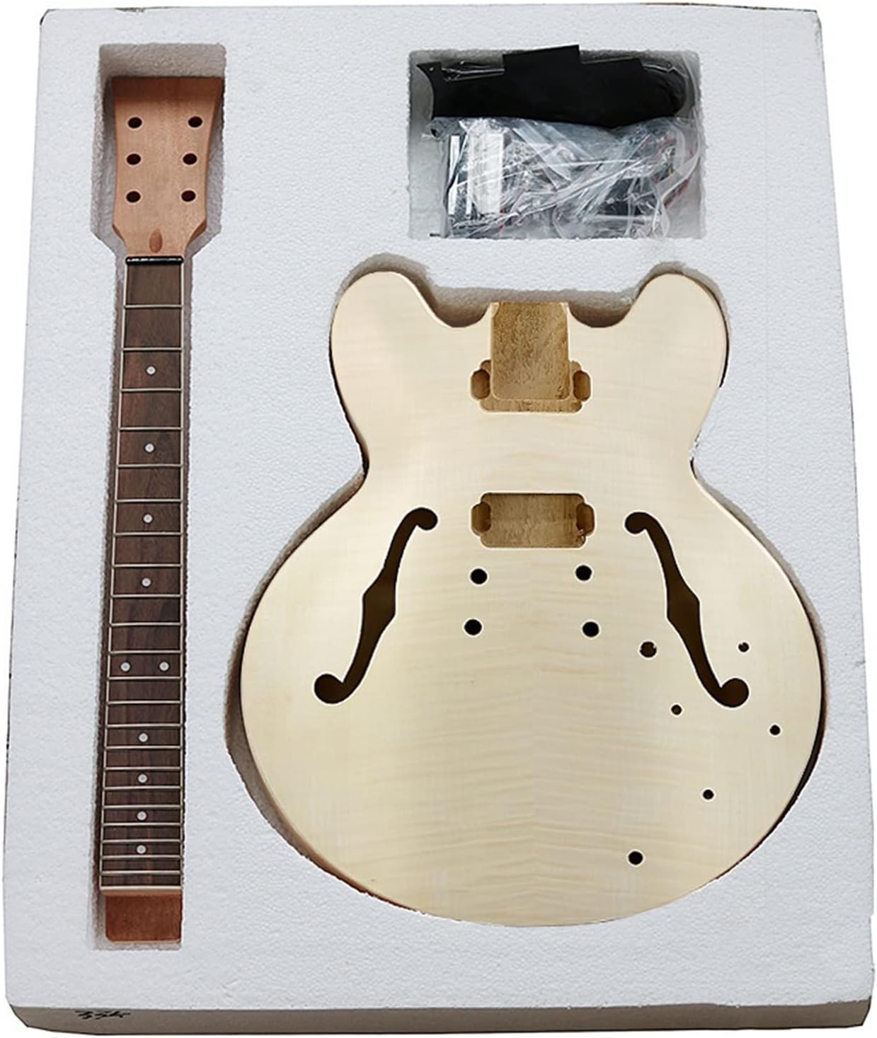 FLFL Unfinished Electric Guitar Kits Semi Hollow Body Flamed Maple Top Veneer All Hardware Unfinished Guitar Kit