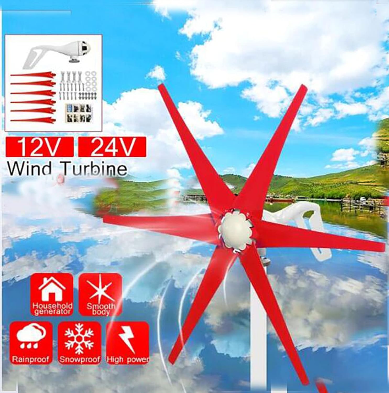 Wind Turbine Generator with Controller, 6 Blade 10000W 24V Vertical Wind Generator Kit High Power for Home Wind Solar (Blue)