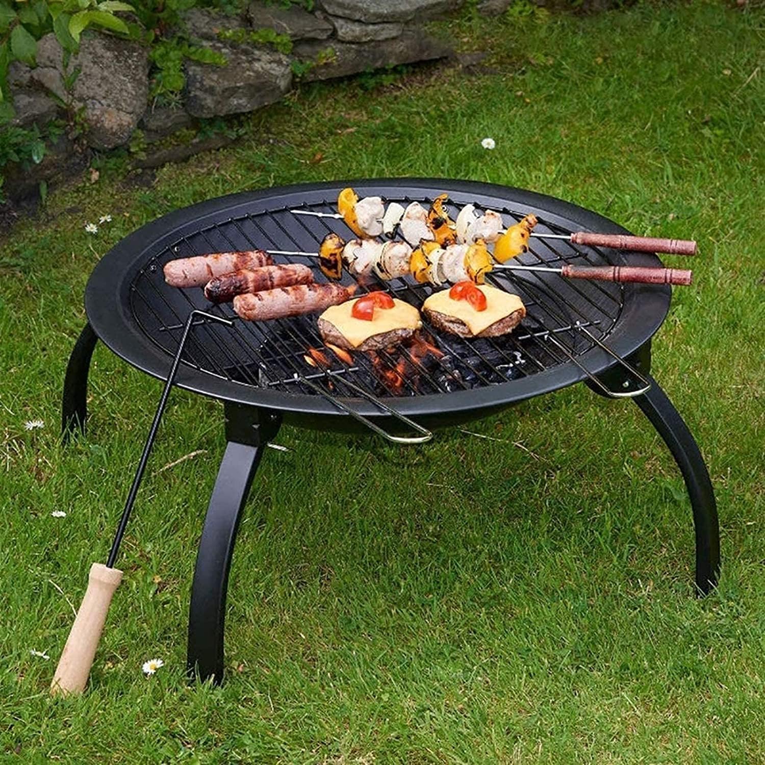 Outdoor Fire Pits BBQ Grill, Heavy Duty Steel Folding Fire Bowl with Grill & Cover & Poker, Camping Fire Pit, BBQ Brazier Wood Charcoal Patio Heater