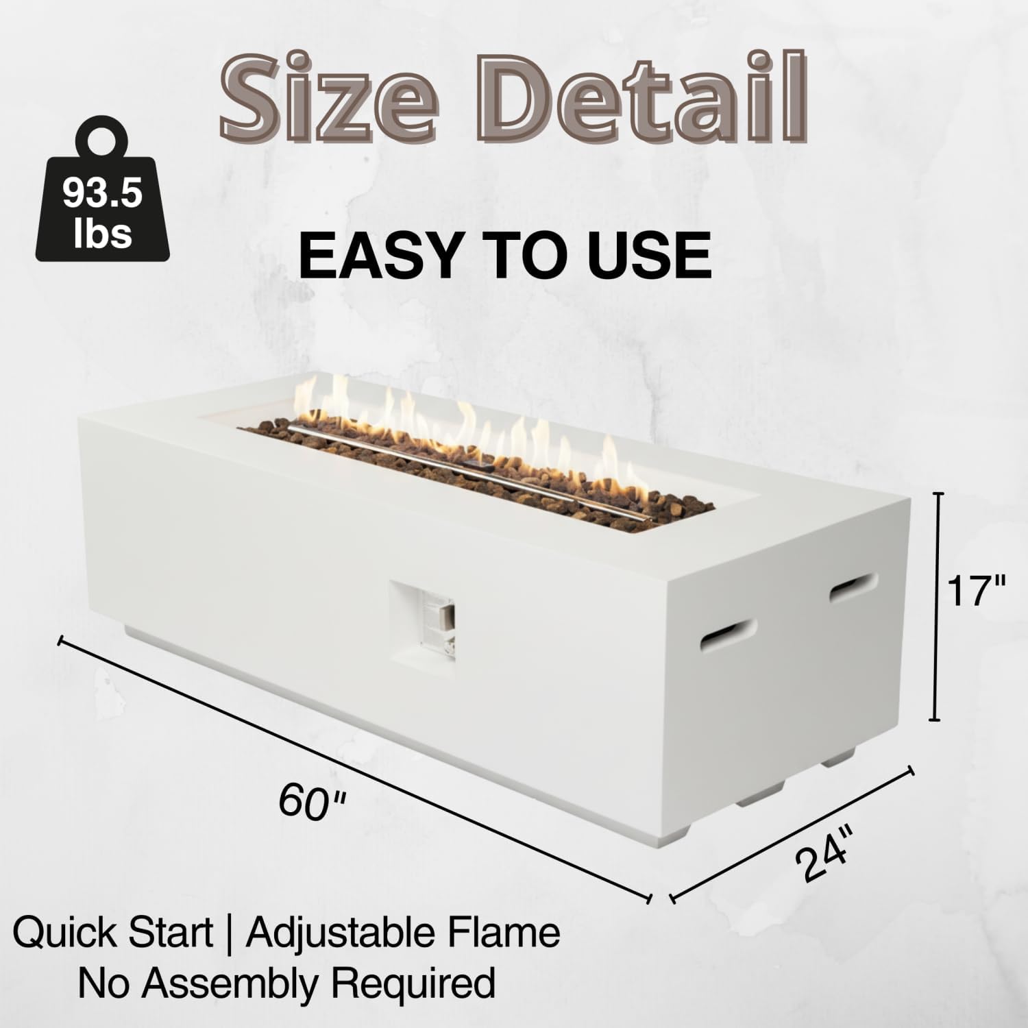 Outdoor Rectangle Propane Fire Pit Table 60Inch Magnesium Oxide White Material Outdoor Garden, Patio Cozy Evenings