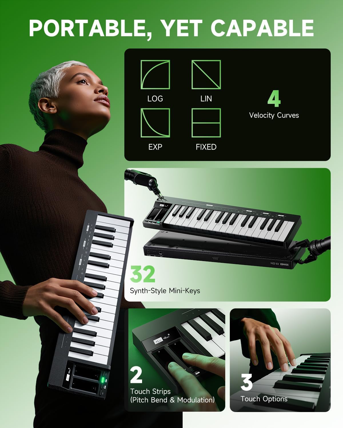 Donner KB-32M Portable MIDI Keyboard Controller – 32 Keys, with Magnetic Snap2Connect (S2C), OLED Display, USB/MIDI & DAW Software