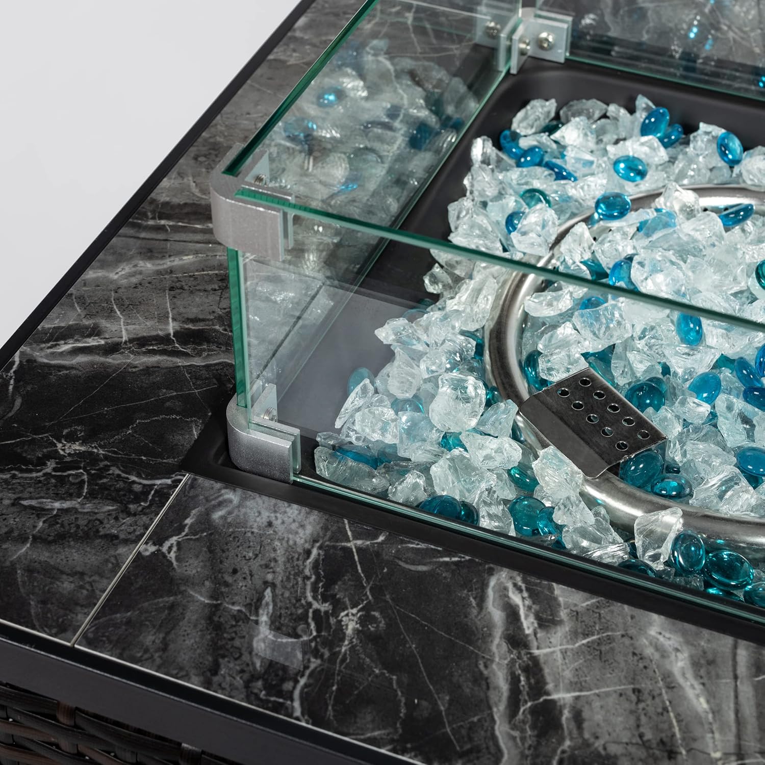 Designer Fire Pit Table with Ceramic Tile and Wicker Accent, 24-Inch Square Propane Heater in Espresso Provides 50,000 BTU for Cozy Outdoor Entertainment