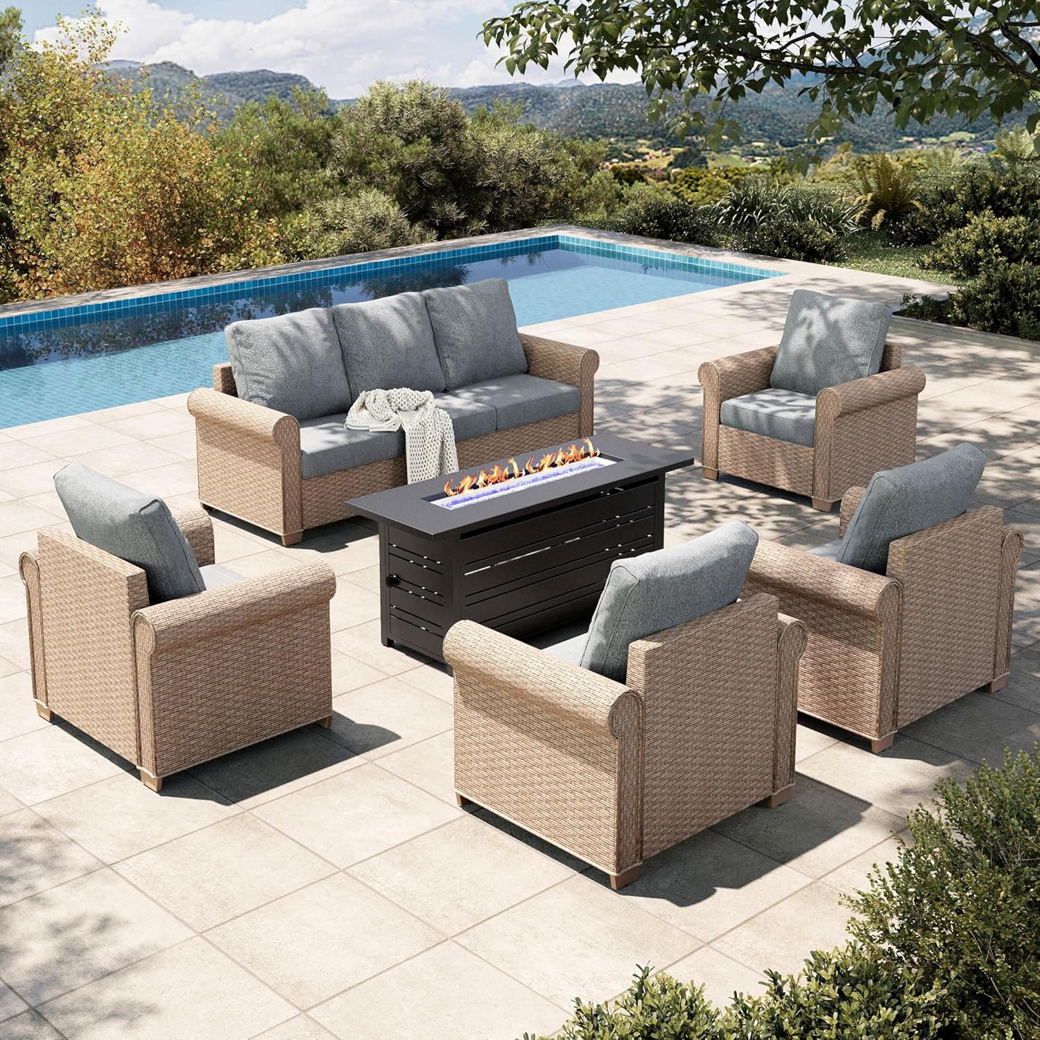 HERA'S HOUSE 6-Piece Patio Furniture Set, All Weather 7 Seats Outdoor Wicker Sofa with 57