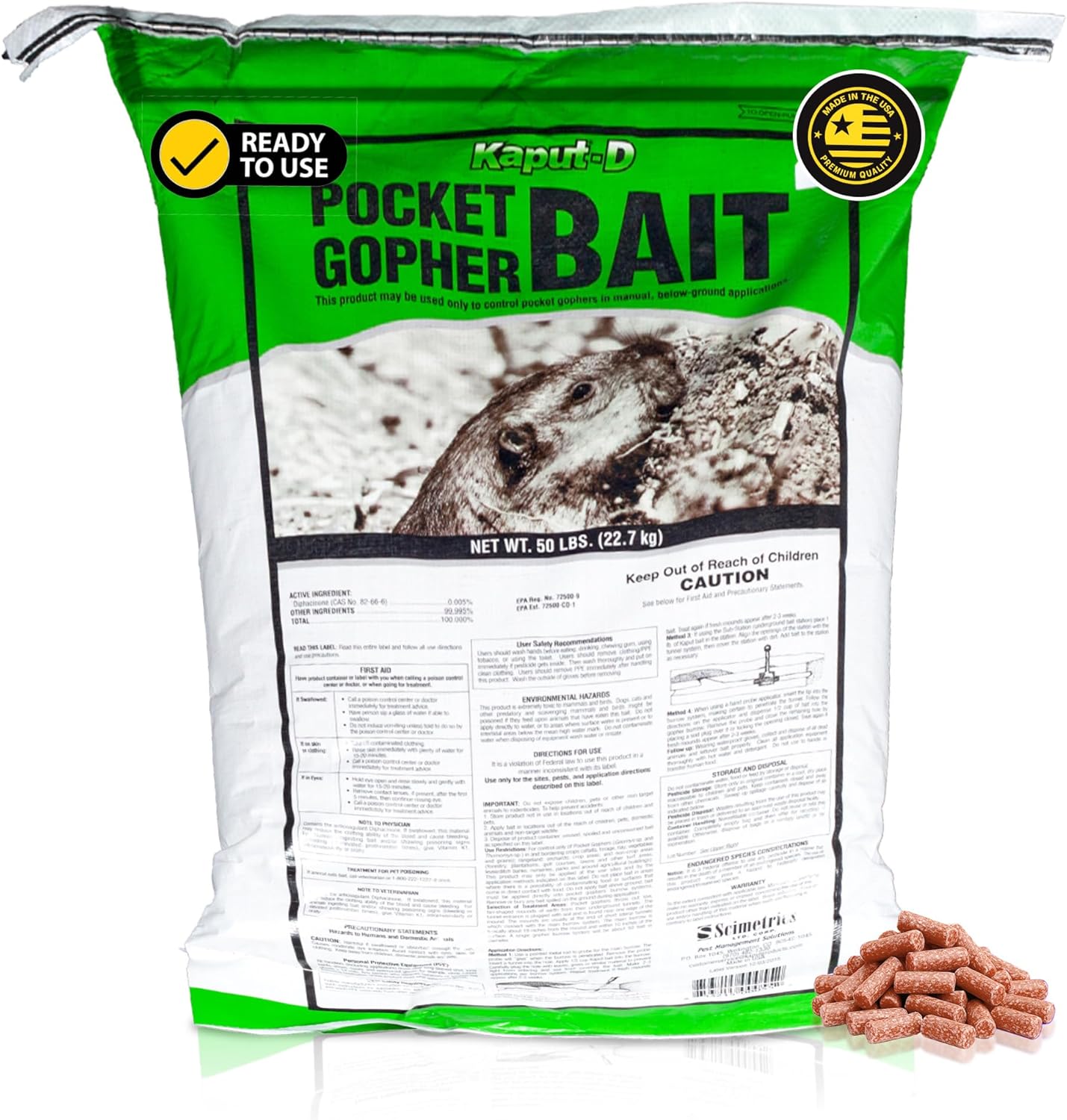Kaput-D Pocket Gopher Bait Bucket - Ready-to-Use Pellets for Effective Rodent Bait, Perfect for Residential & Agricultural Use - Diphacinone Formula for Lawn, Turf & Crop Areas (50 lbs)