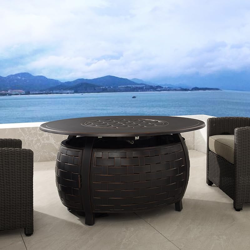 Golden Flame Bel Air 48 x 38 Oval | 55,000 BTU Cast Aluminum Natural Gas Fire Pit Table with Lid, Fire Glass Rocks, Patio Cover, 12-Ft NG Hose | Outdoor Tabletop Fireplace | Antique Copper Finish