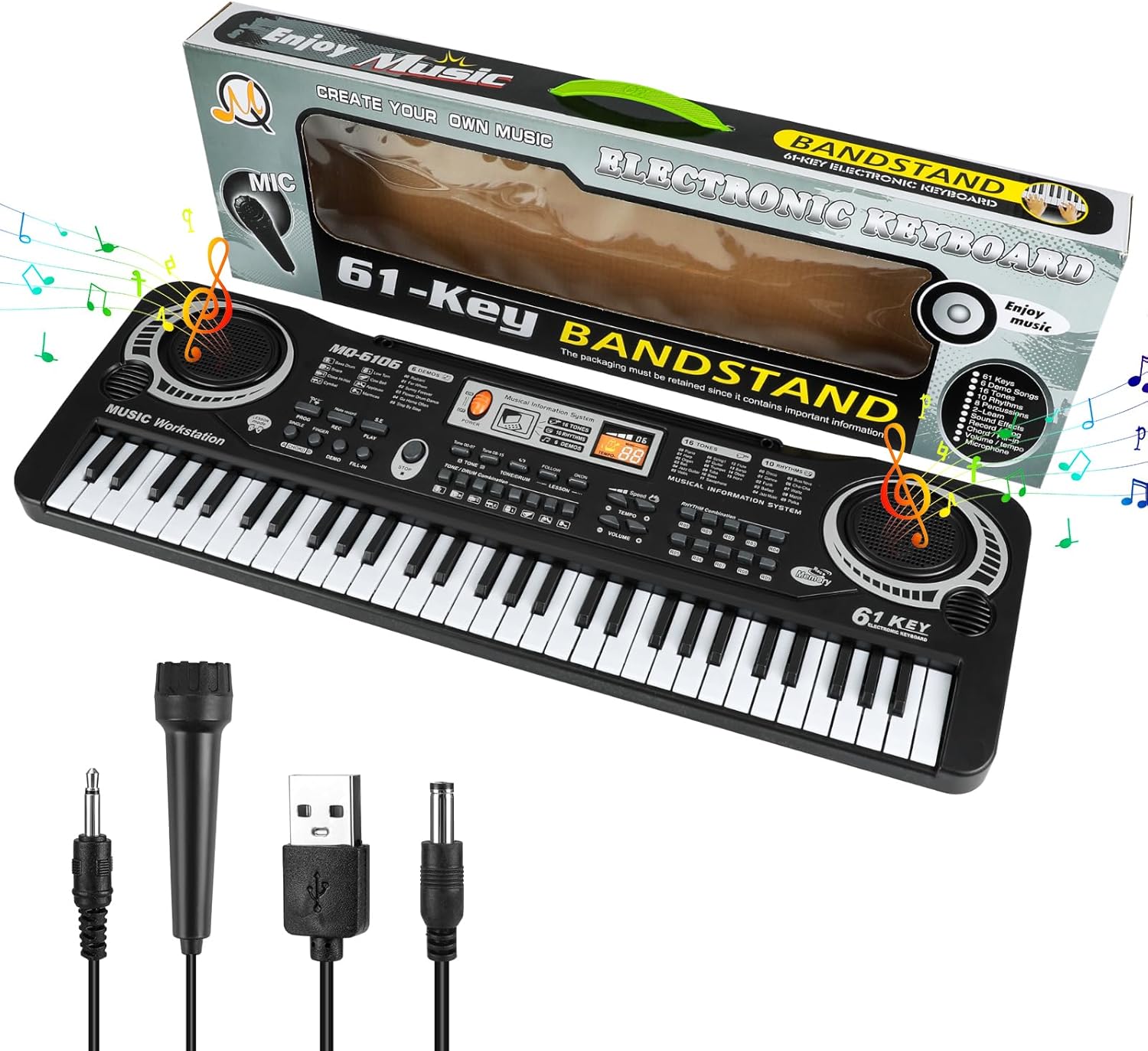 61 Key Piano Keyboard, Beginner Electronic Keyboard for Kids with Teaching Mode, 6 Demo Songs, 16 Tones, Microphone and Power Supply, Kids Piano Keyboard for Birthday Gift/Christmas Gift