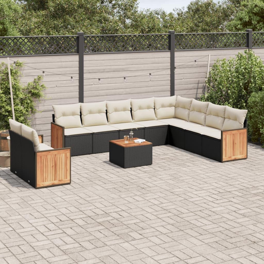 11 Piece Modular Garden Sofa Set Black PE Rattan Large Outdoor Furniture with Acacia Wood Frame and Weather-Resistant Cushions for Patio Terrace Lounge