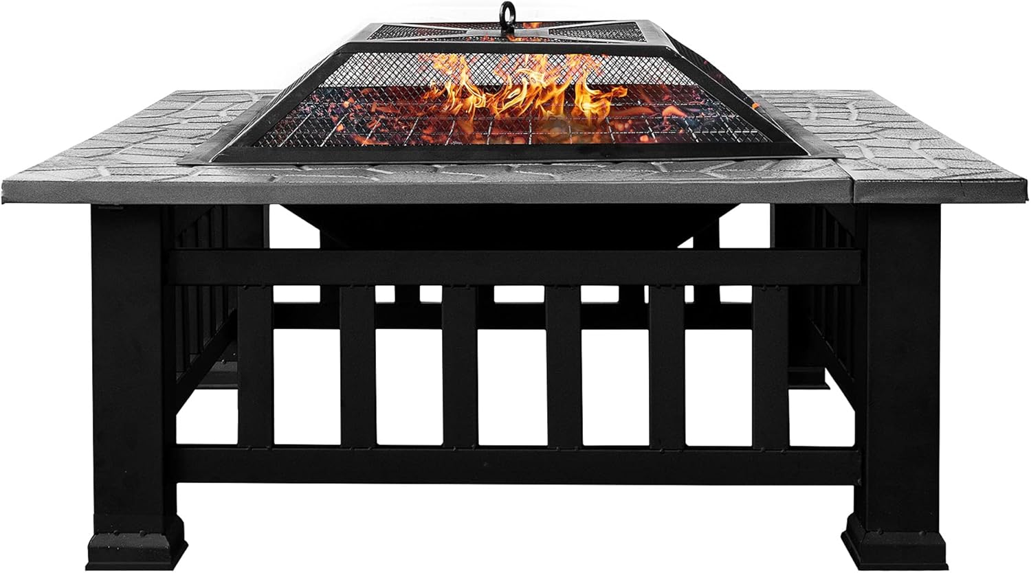 Fire Pit for Outside 3 in 1, Metal Square Outdoor Fireplace, Garden Stove with Spark Screen and Cover, Log Grate and Poker for Warmth | BBQ | Bonfire | Picnic | Camping, 32 inch