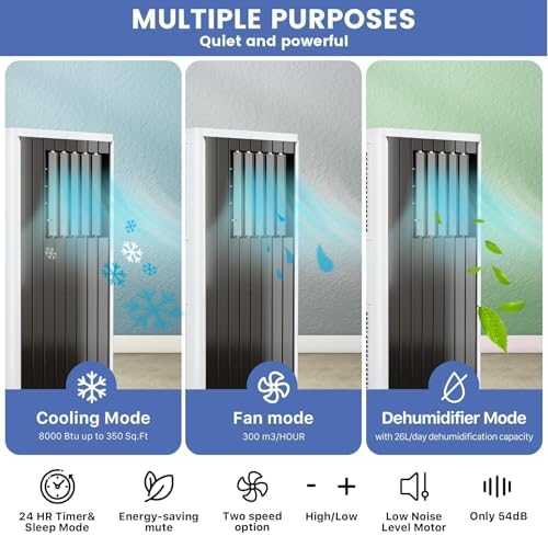 Portable Air Conditioner 8000 BTU, 3-In-1 Cooling/Fan/Dehumidifier AC for 350 Sq.Ft Rooms, 45dB Ultra-Quiet Sleep Mode, Remote Control, 24H Timer, Auto Swing for Bedroom, Office, Living Spaces Gray
