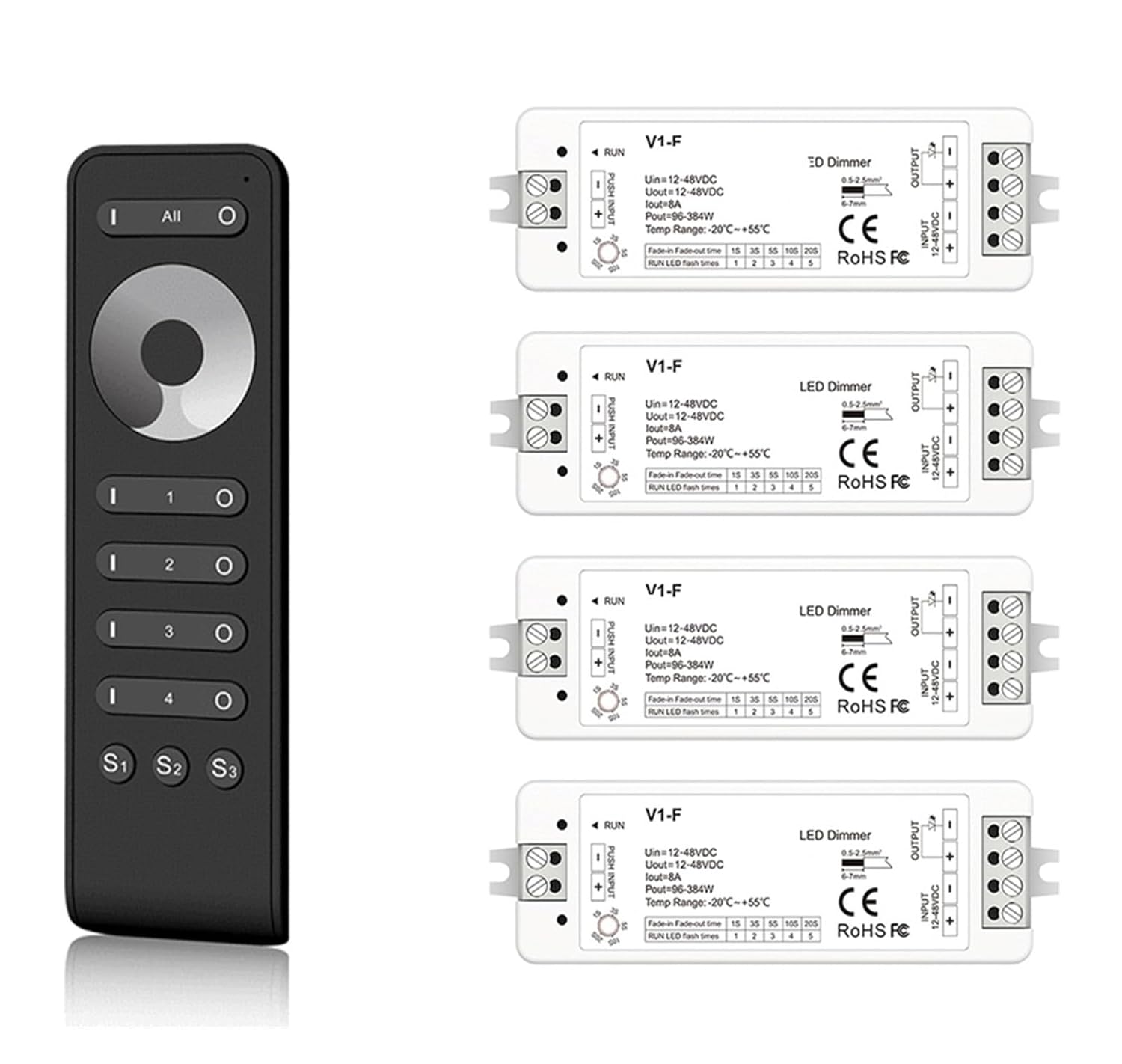 4 Zones Gradient Mode 1 Channel LED Dimmer DC 12V 24V 5050 2835 COB Single Color LED Strip Controller(4xV1-F 1x RS1)