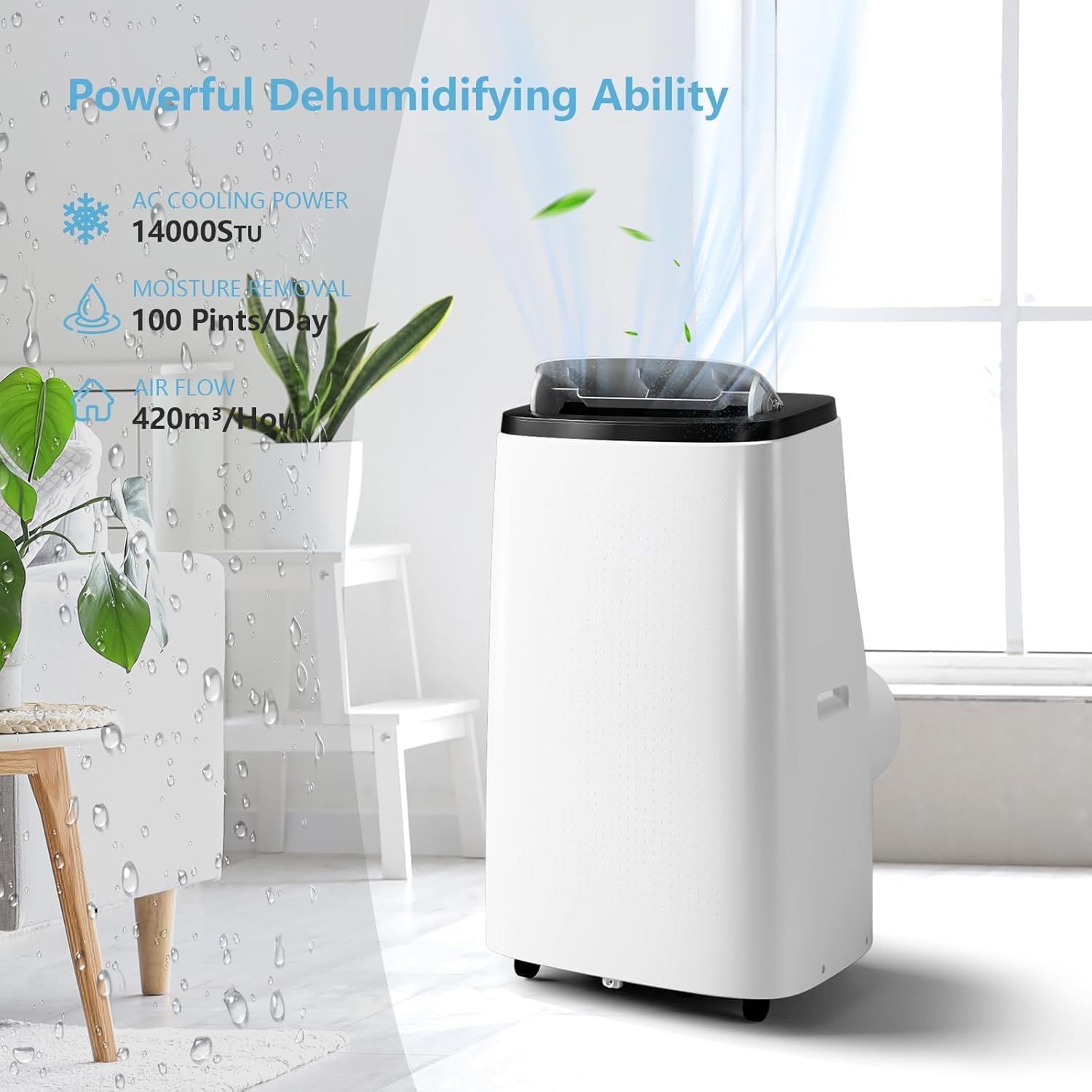 14,000 BTU Portable Air Conditioner，3-In-1 Free Portable AC Unit With Fan & Dehumidifier Cools Up to 700 Sq.Ft,Smart/Sleep Mode,3 Speed,24H Timer for Bedroom, Room, Office,Black & White