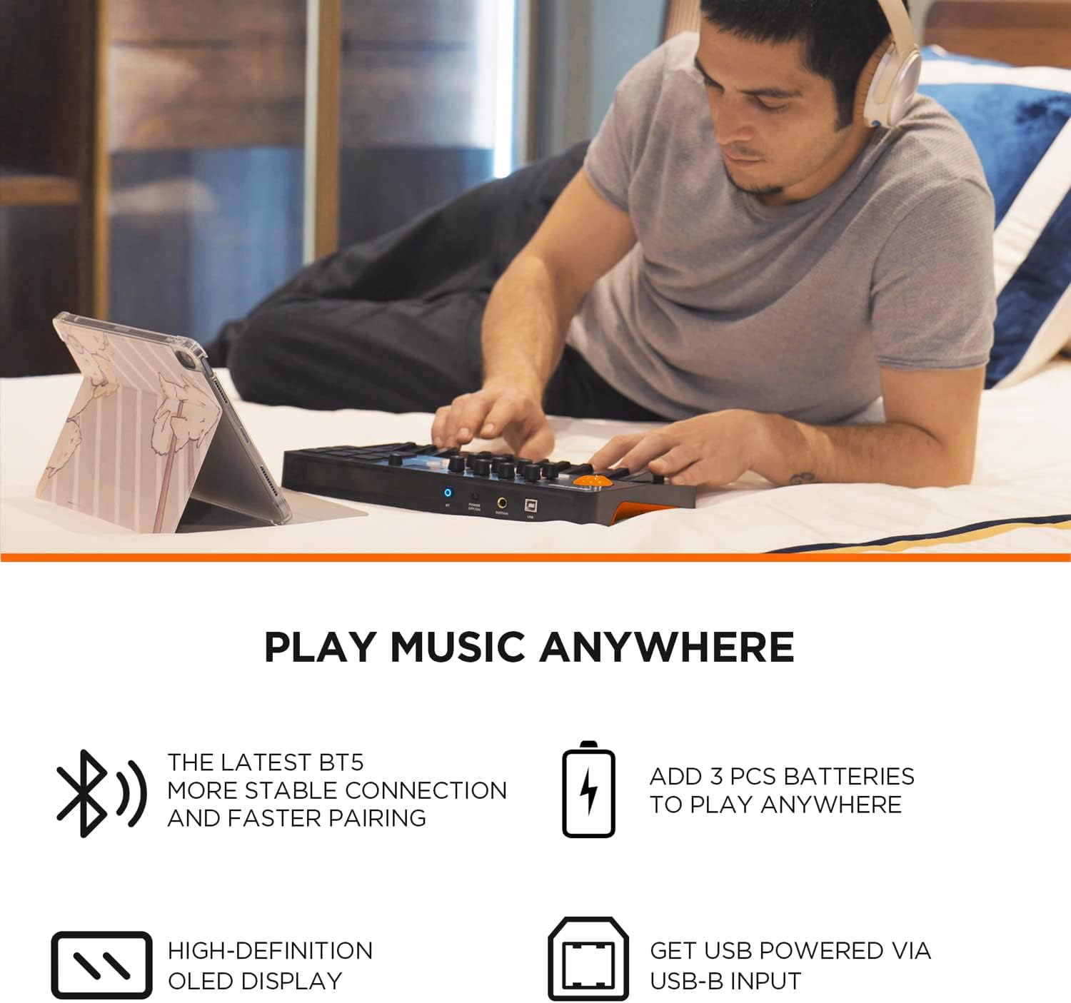 Portable Bluetooth MIDI Keyboard Controller, With 25 Key, 9 Backlit Beat Pads, OLED Display, 8 Knobs, Software Included, USB Powered/Battery Operation