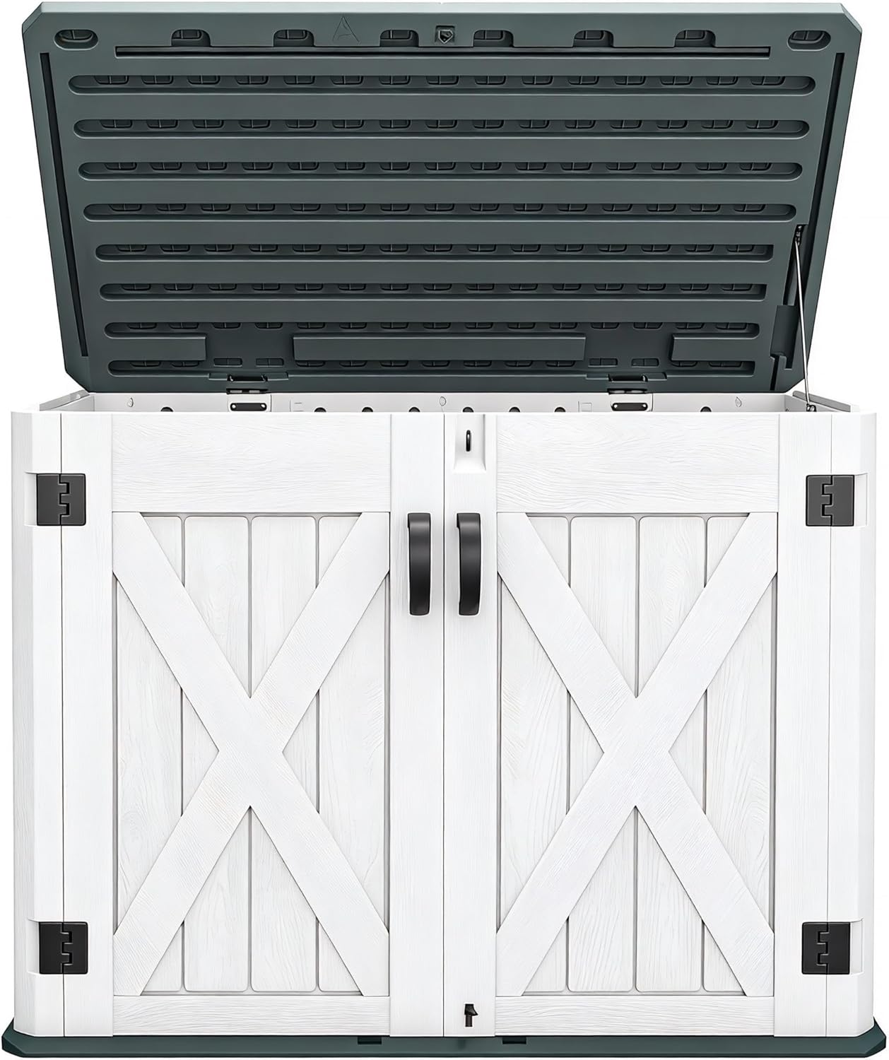 DWVO Outdoor Storage Shed, Weatherproof Resin, 35 Cu Ft Capacity, Horizontal Design, X-Shaped Lockable Door, Suitable for Bike, Garden Tools, Trash Cans, Light Gray