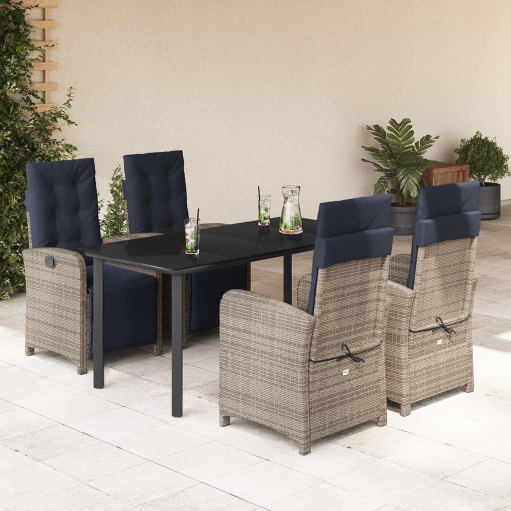5 Piece Patio Dining Set with Cushions Gray Poly Rattan,Comfortable Outdoor Patio Dining Set with Adjustable Reclining Chairs and Glass Tabletop Furniture Sets for Patio, Lawn & Garden
